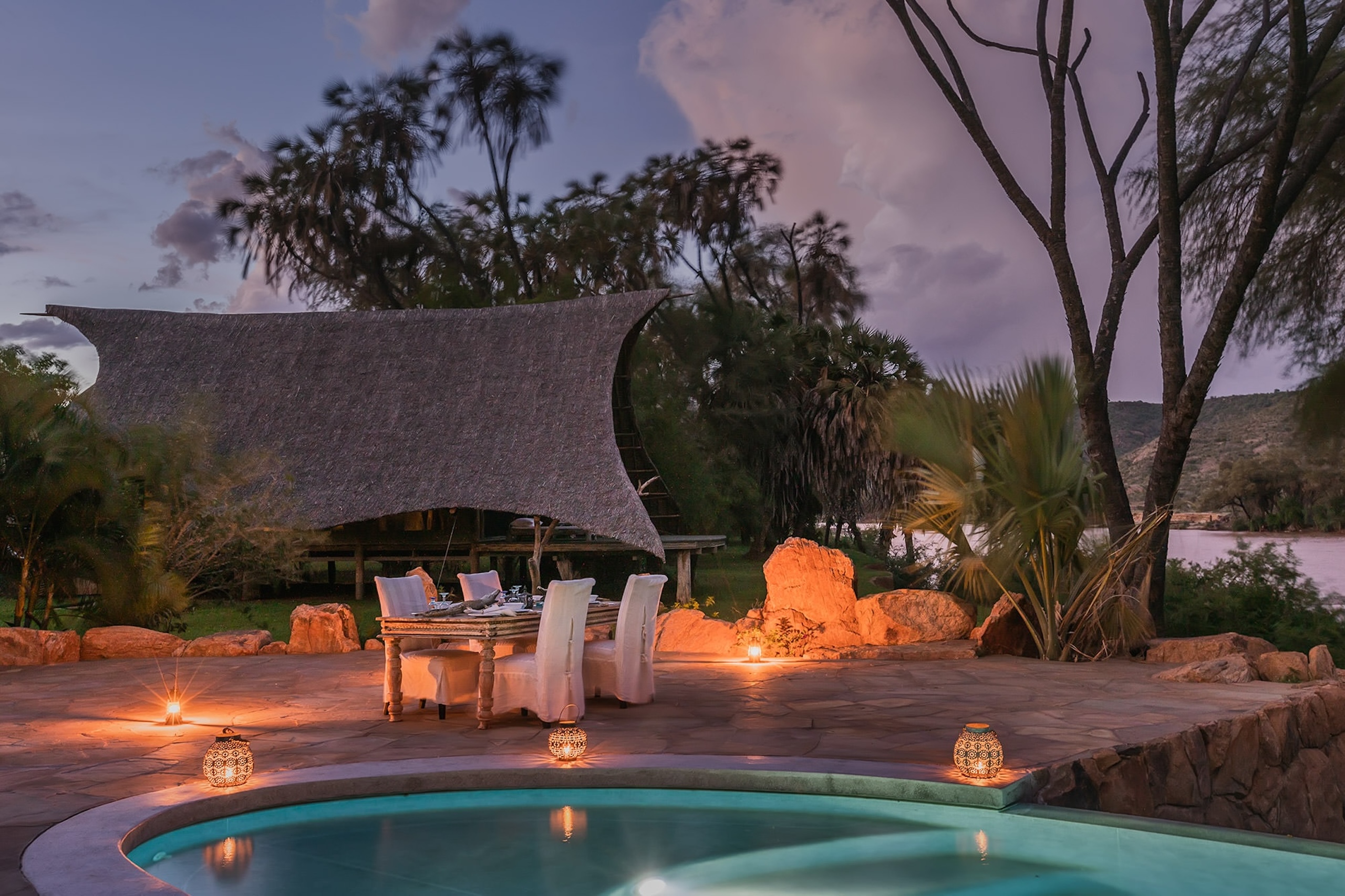 Riverside dining area at Galdessa Camp, Tsavo East